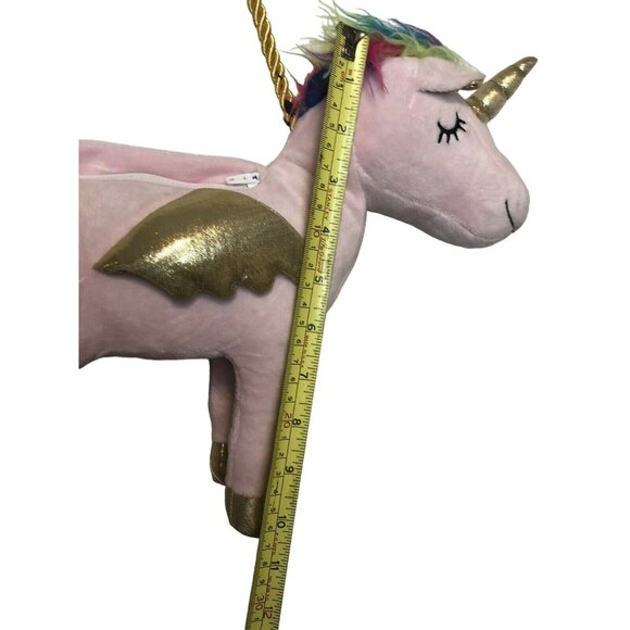 Unicorn Purse Shoulder Bag Plush Pink w/Rainbow Hair Gold Braided Rope Strap ZIp - Picture 11 of 12